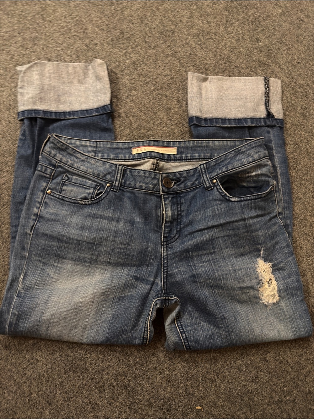 S&P Standards & Practices Med Blue Ankle Cuffed Jean Distressed Lace Sz 30